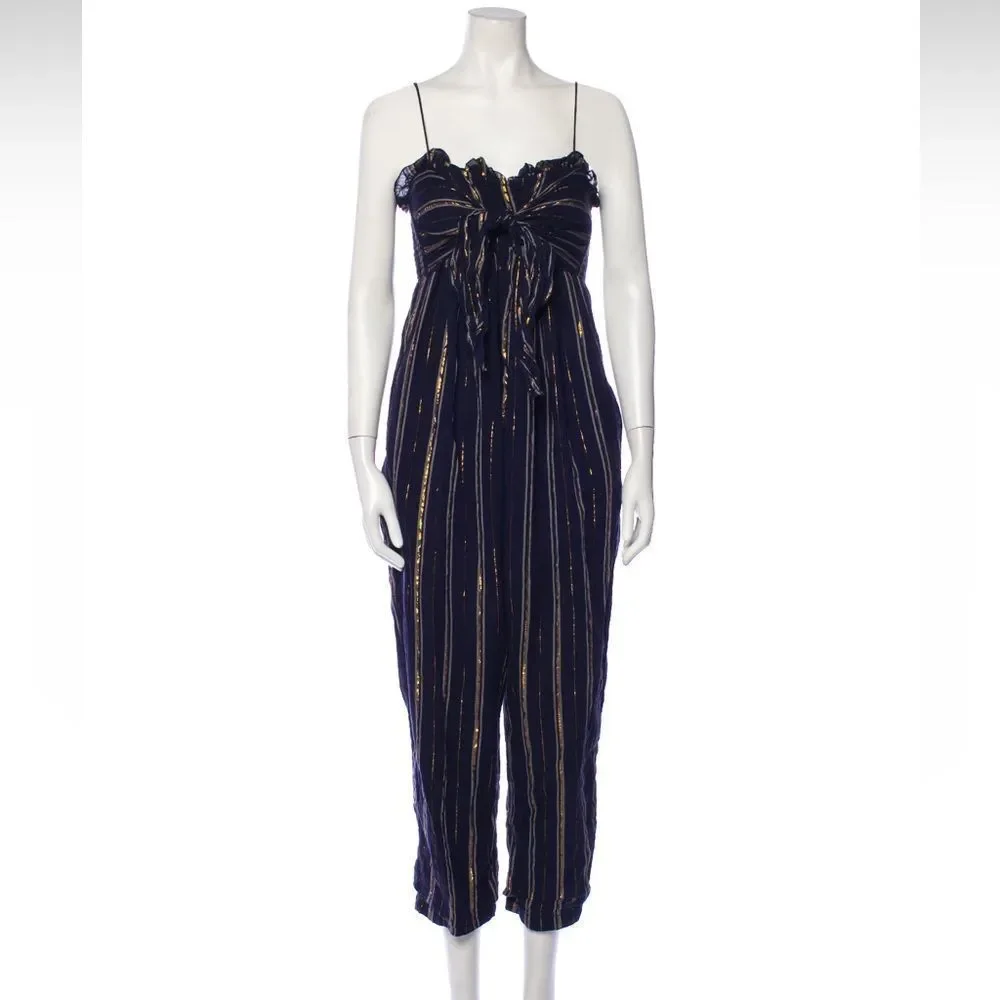 Apiece Apart Striped Square Neckline Jumpsuit Size Medium 8 Navy Blue - Picture 1 of 3
